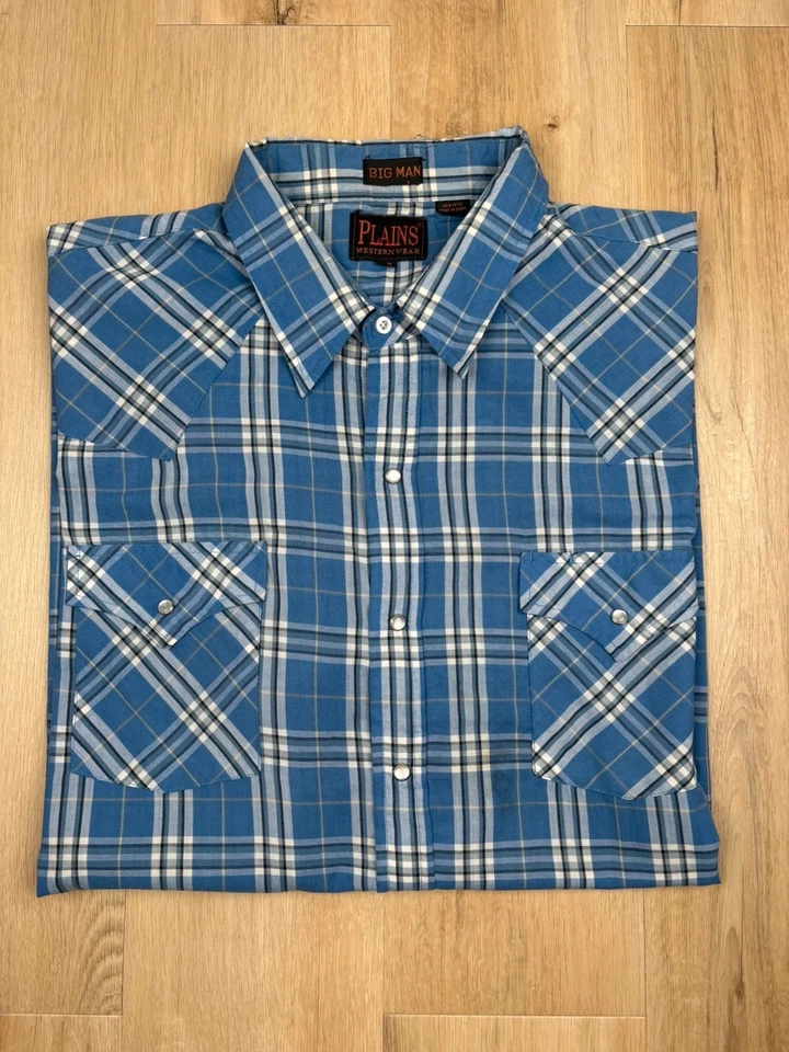 Chemise western Plains bleu à carreaux boutons pression cowboy vintage homme - Photo 1/4