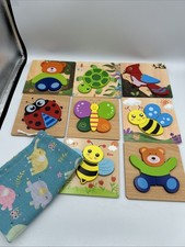 Wooden Animal  Object Puzzle Set for Toddlers 8 Sets W/bag Chunky Block Puzzles