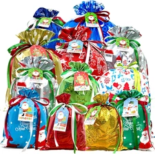 38PCS Christmas Drawstring Gift Bags Assorted Size Small Medium Large, Holiday X