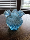 Fenton Art Glass Blue Opalescent Hobnail 4" Double Crimped Vase