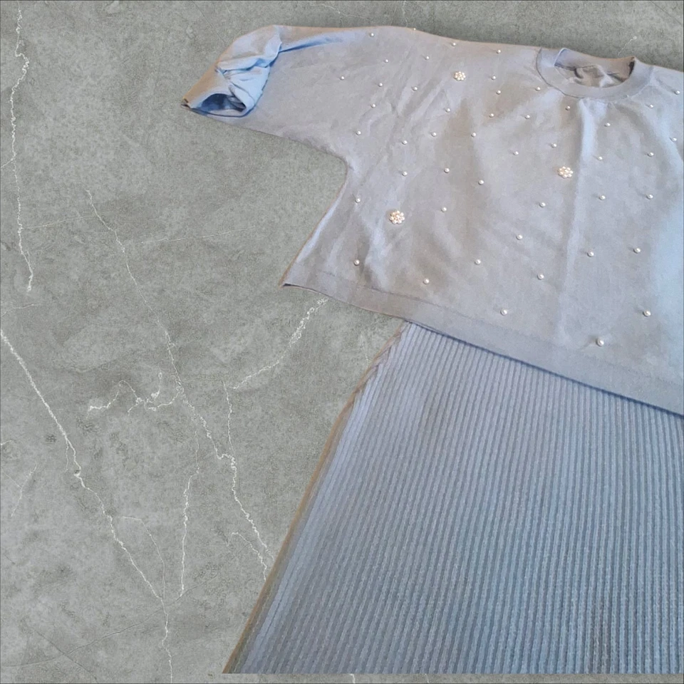 Luxury Soft Sweater Dress Set Blue Pearl Detail Size Large Midi - Image 3 of 4