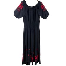 Pyramid Collection Floral Embroidered Maxi Dress Size S Black Red Peasant Artist