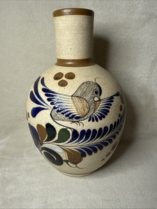 Vintage Tonala Mexican Pottery Hand Painted Floral W/Bird Vase Signed