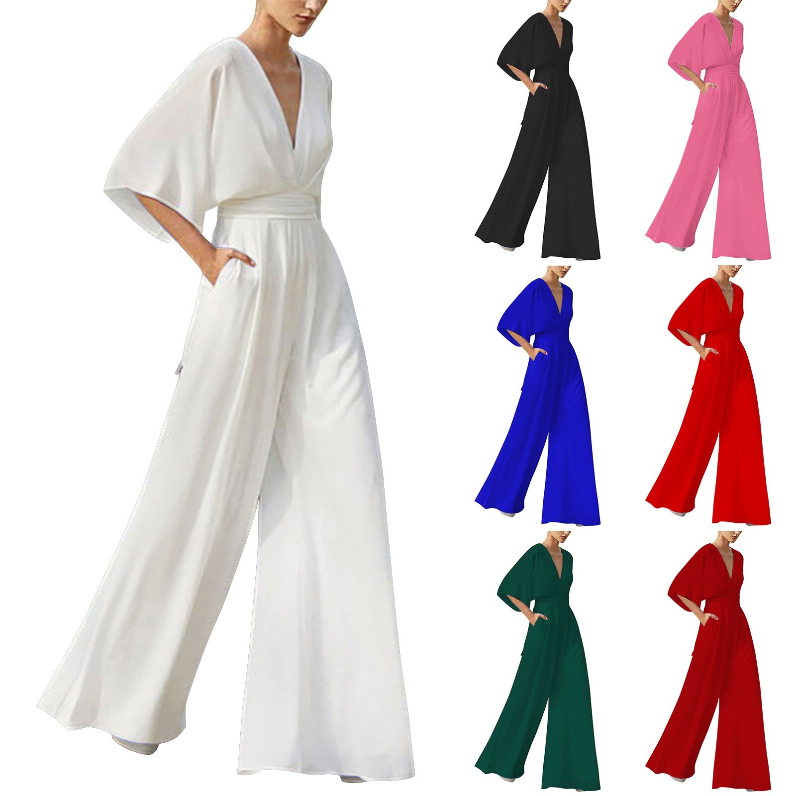 Women Jumpsuit Deep V Neck Bell Long Sleeve Casual High Waist Wide Leg Trousers-image