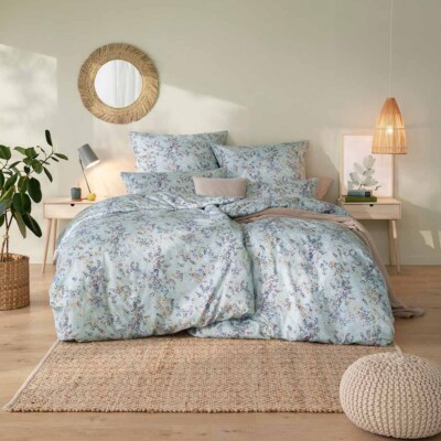 Estella Mako-Satin Bettwäsche 155x220 Delizia mint Blätter Tupfen bunt 7951-520