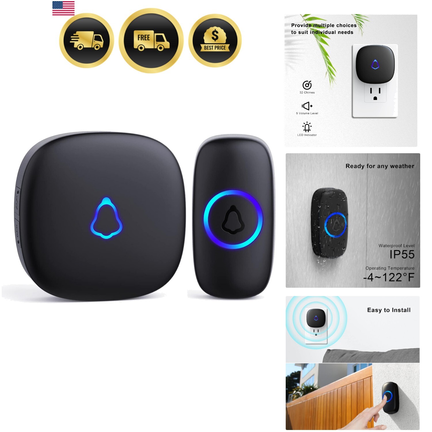 Wireless Waterproof Doorbell with 58 Chimes Adjustable Volume LED Light-image