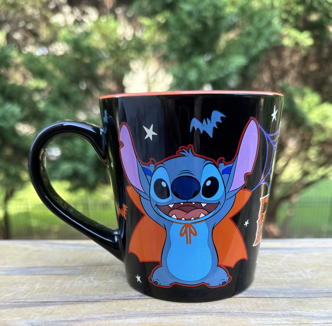 DISNEY VAMPIRE STITCH HALLOWEEN 17oz Orange Black CERAMIC Cup “BOO