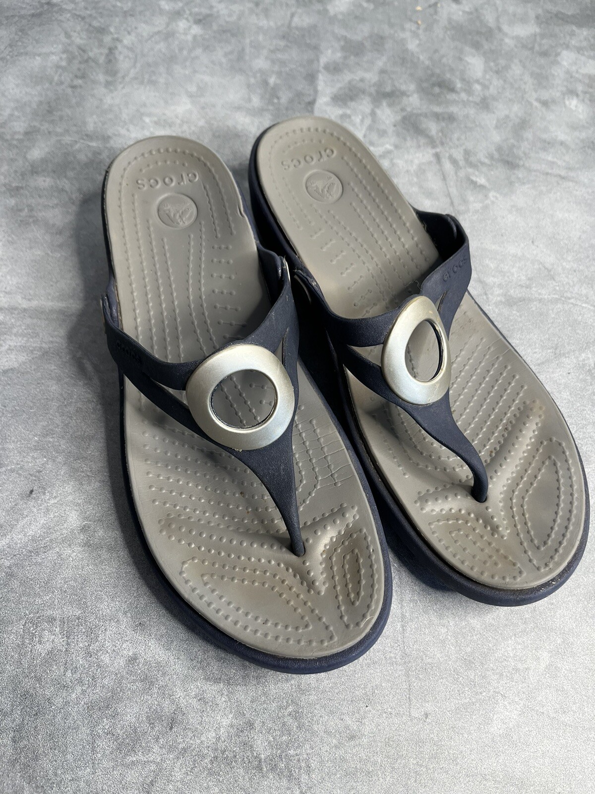 Crocs, Womens, Dual Comfort Sandals, Navy with Silver O-Ring, Slides, Size  9 | eBay