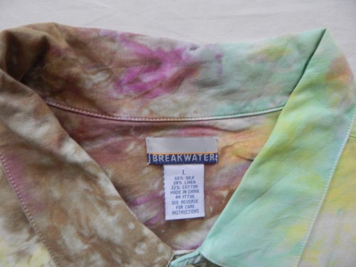 Silk Tie Dye Green Blue Yellow Long Sleeve Button Up Shirt - Large Hand Made - Picture 7 of 7