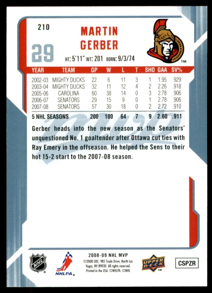 2008-09 Upper Deck MVP Martin Gerber #210 - Image 2 of 2