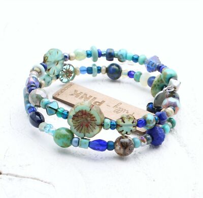 Artisan Czech Glass Flower Bead Wrap Bracelet Sea Aqua Navy Blue Turquoise BNWT