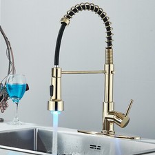 Gold LED Kitchen Faucet Pull Down Sprayer Single Handle Swivel Sink Mixer Faucet