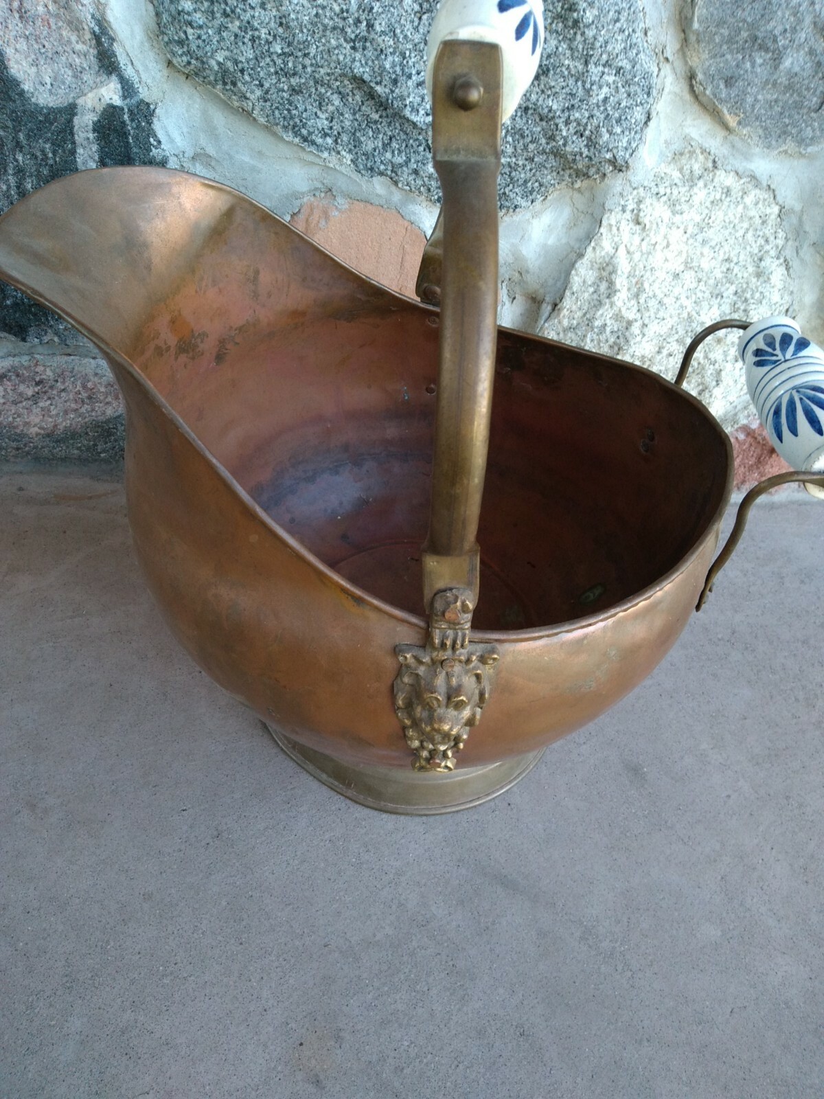 Vintage Copper Water Bucket With Ceramic Blue Handle Holland, Nice