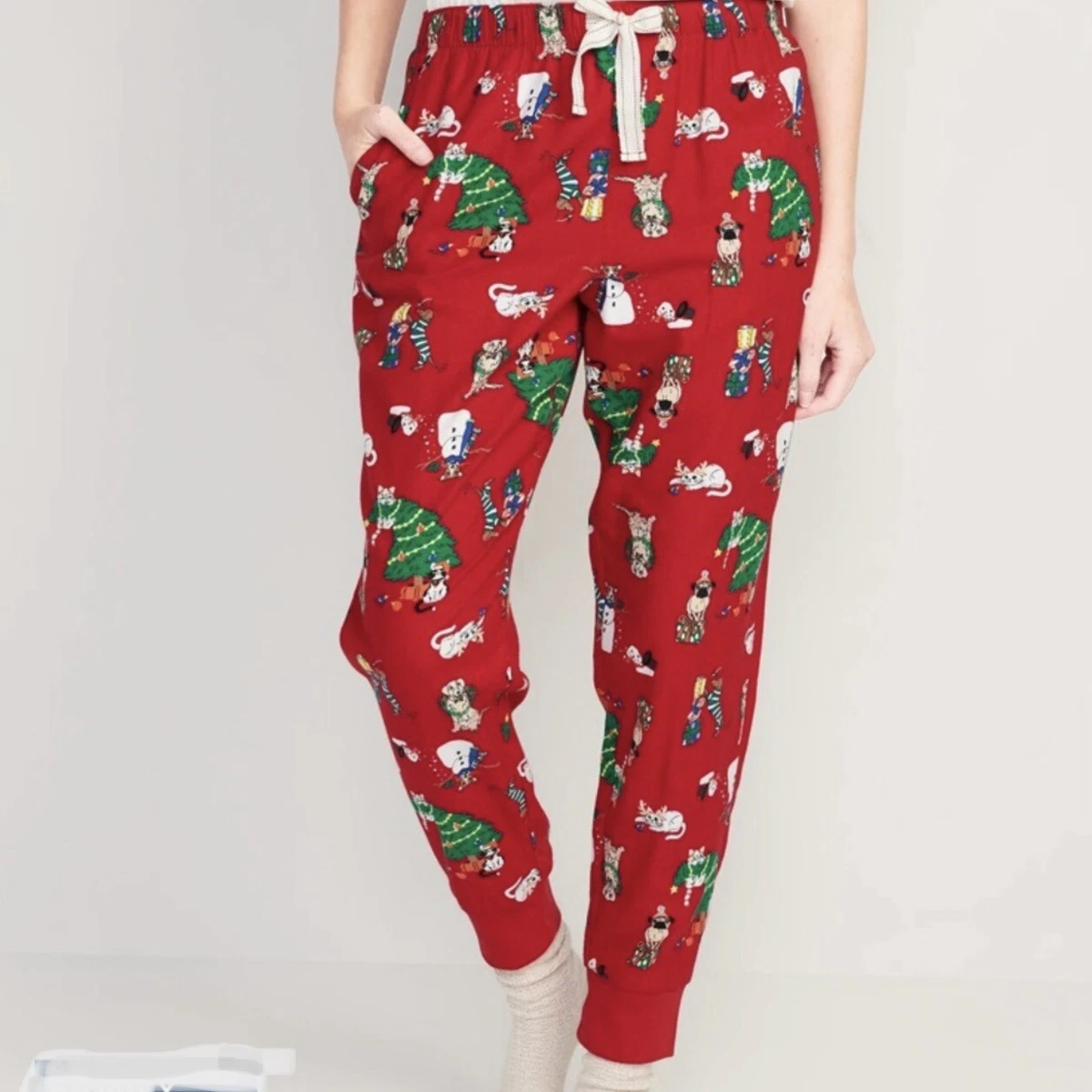 NWOT Old Navy Christmas Dog Cats Print Flannel Jogger Pajama Pants Women, S