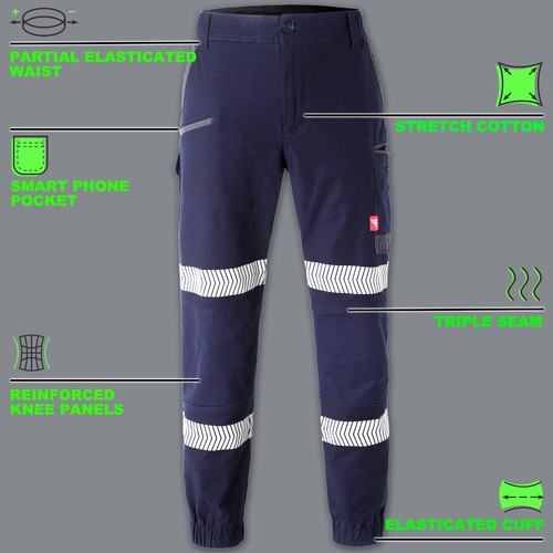 Mens Cargo Pants Work Trousers Elastic Cuffed Stretch Cotton Reflective Tape UPF - Picture 74 of 77