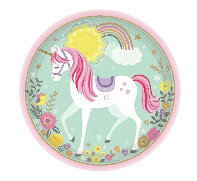 Paquete de decoración de fiesta de unicornio (para 8), platos/tazas/serpientes/cubierta de mesa, unicornio Foto 3 de 4