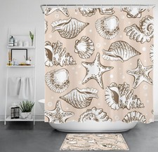 Nautical Coastal Seashell Starfish Beige Shower Curtain Set for Bathroom Decor