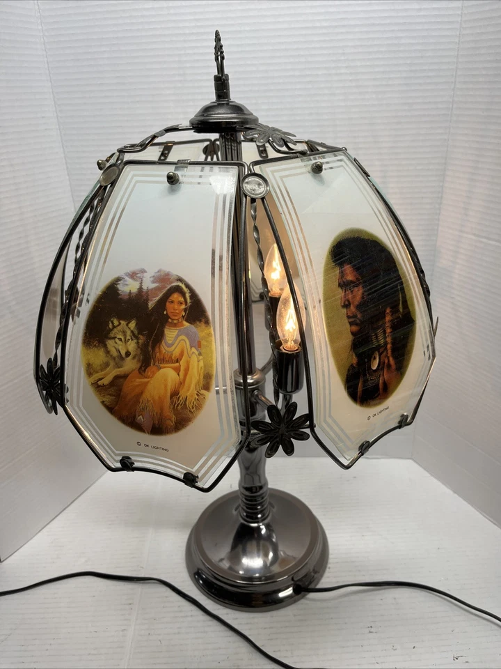 Native American Indian OK Lighting 3 Bulb Table Lamp Works As Is Needs Base - Image 2 of 4