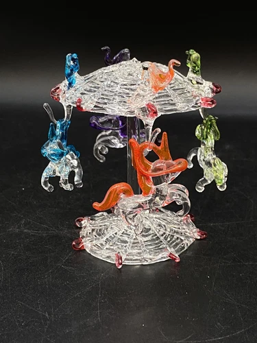 Blown Spun Glass Carousel Merry-Go-Round Hanging Horse Figurines Dangle READ