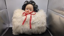 1950s Plush Faux Fur Little Girls HAND MUFF w/ DOLL'S HEAD HAND WARMER 8.5"x6"