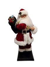 Vintage Santa Clause 17" Figure With Red Suit And Toy Bag On Wood Base