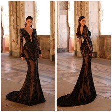 Luxury Mermaid Evening Gown Phantom Deep V-neck Long Sleeved Pleated Ball Dress