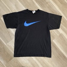 Vintage 90s Nike Shirt Mens Medium Black Blue Big Embroidered Swoosh Made in USA