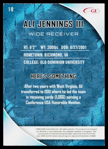 2023 SAGE HIT Red Ali Jennings III #19 Old Dominion Monarchs - Picture 2 of 2