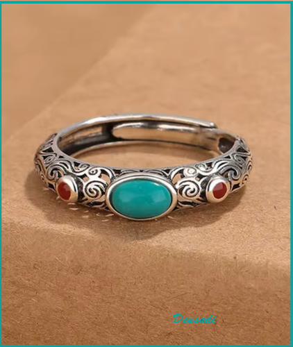 PRECIOSO ANILLO ESTILO ÉTNICO, VÉRSÁTIL,COLOR PLATEADO PIEDRA AZUL TURQUESA - Foto 3 di 4