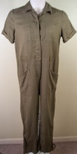 A New Day Ladies Olive Green Jumpsuit Short Sleeve Buttons Front Pockets Size M
