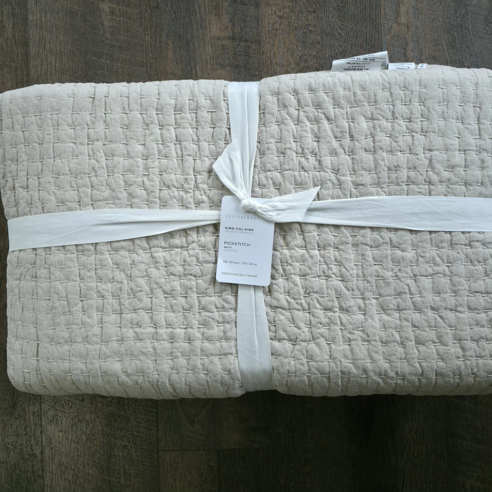Edredón de algodón Pottery Barn Pickstitch KING LINO NUEVO Foto 3 de 4