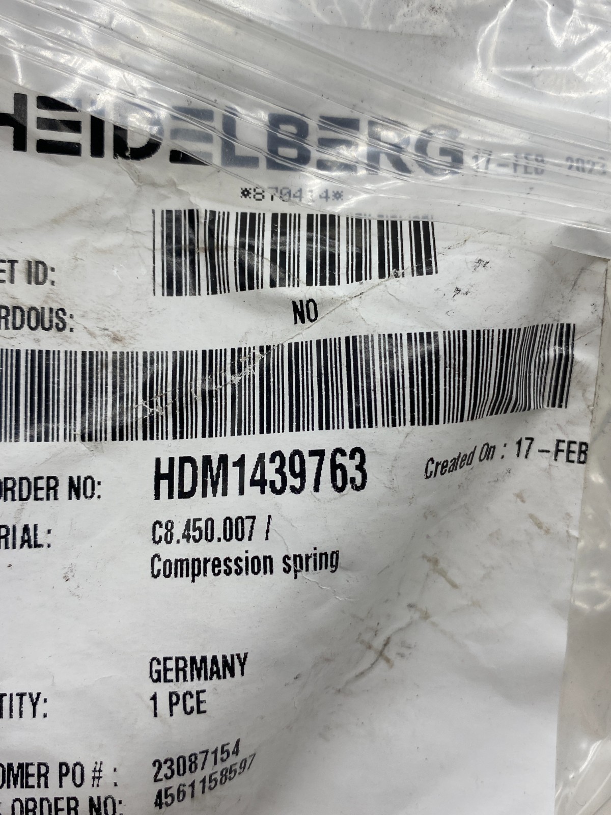 HEIDELBERG C8.450.007 COMPRESSION SPRING W/00.580.3533/02 STROKE ...