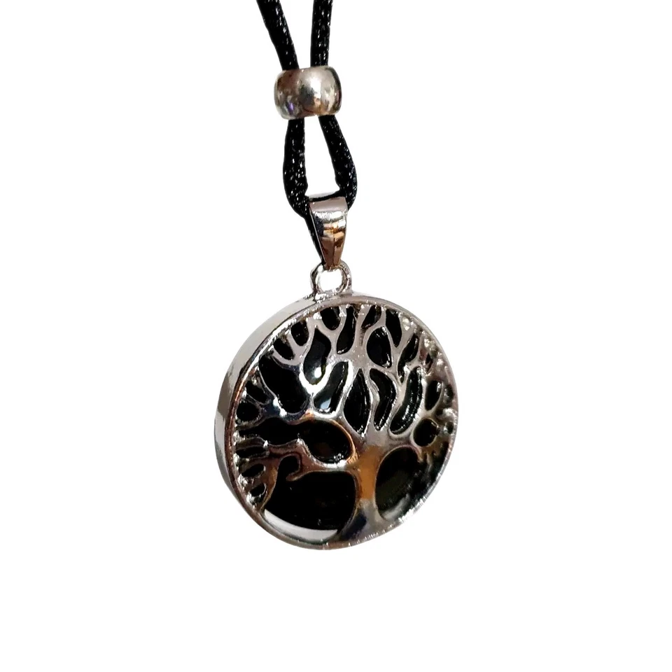 Collar Obsidiana Negra Árbol de la Vida Piedras Preciosas Colgante Cordón Chakra Lágrima Apache Foto 3 de 4
