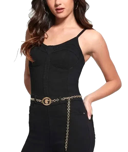 GUESS Bustier Struktur Jeans Jumpsuit Einteiler Skinny Gürtel Stretchig Blk XS - Bild 5 von 8