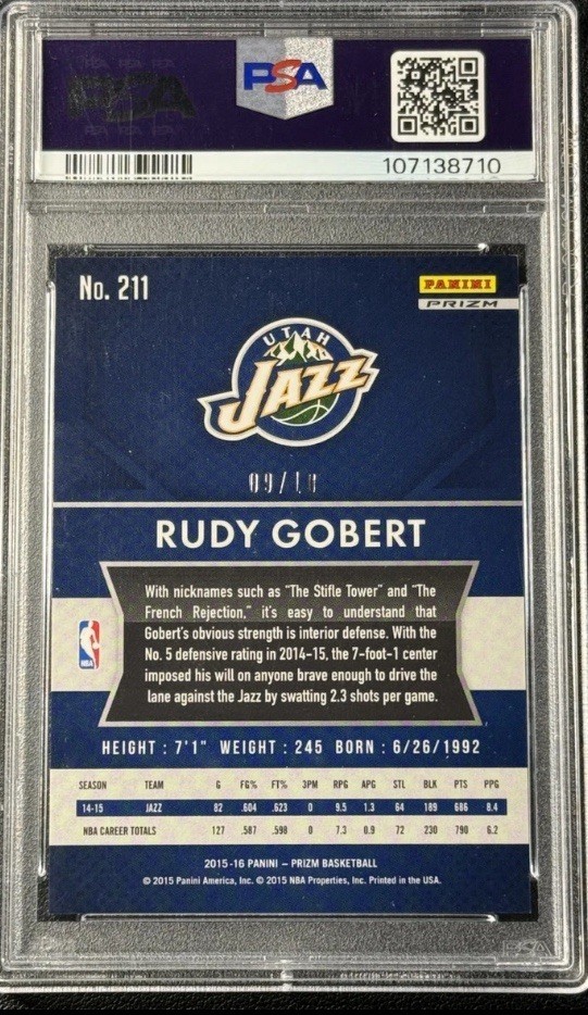2015-2016 Panini Prizm Rudy Gobert Gold Prizm Utah Jazz /10 PSA 8.5 view 2