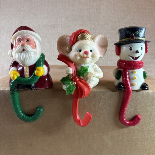 Vintage 1980s Stocking Holders Snowman, Santa, Mouse Plastic Lot Of 3