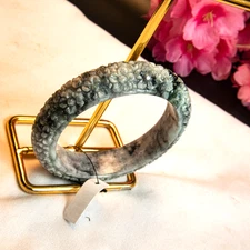 61mm Burmese Jade Bangle – White & Gray with Translucent Green Jasmine Carving