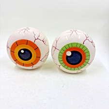 SPOOKY Eyeballs Salt & Pepper Shakers Ceramic Bloodshot Green Orange Halloween