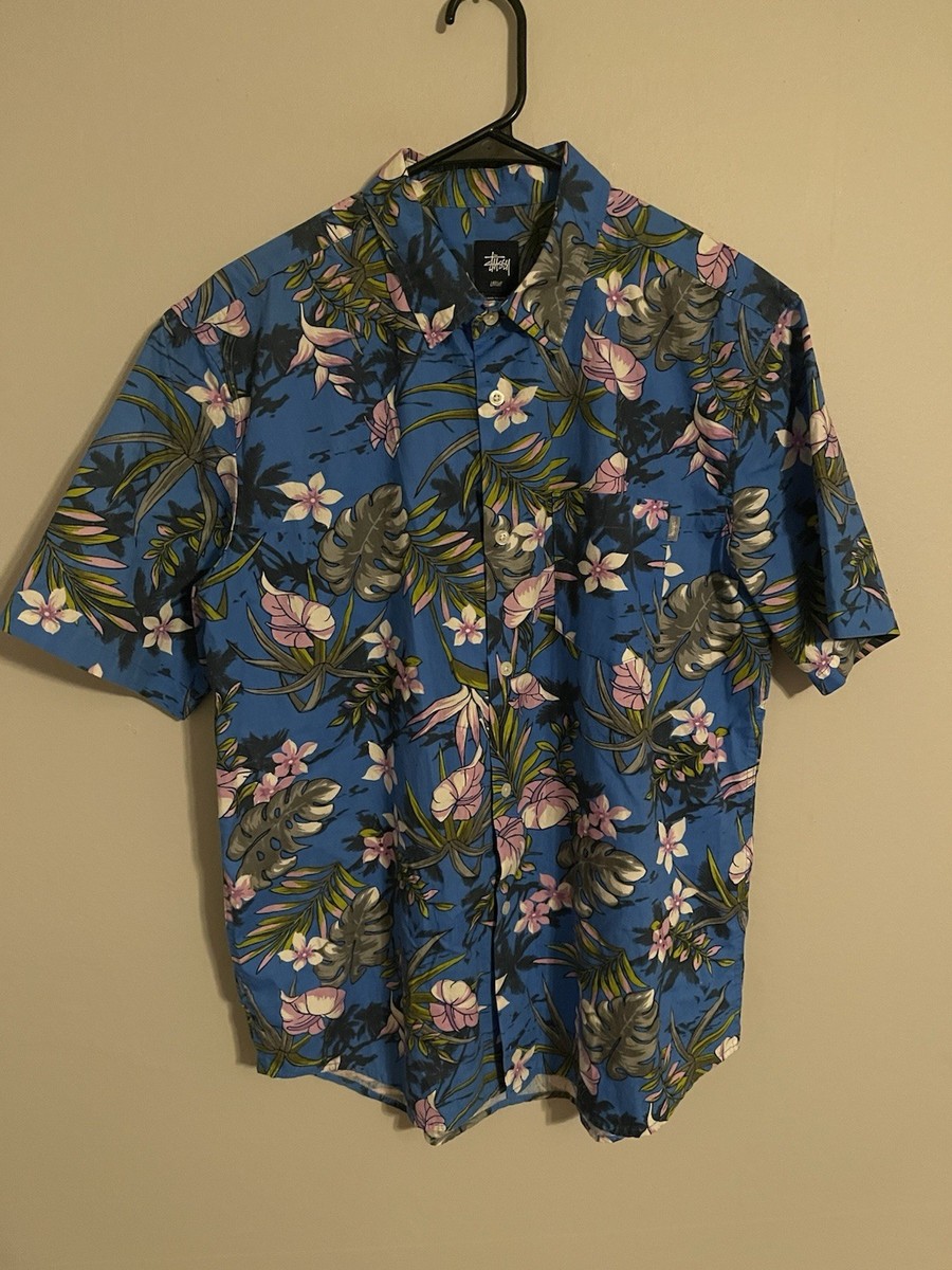 Stussy Blue Floral Cotton S/S Button Up Hawaiian Shirt Streetwear