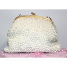 Vintage White Beaded Evening Bag Floral Beadwork Kiss Lock Purse