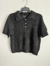 NWT Rachel Zoe Black Metallic Short Sleeve Henley Sweater Blouse Womens L