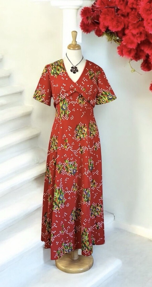 VTG Long Day Dress Red Empire Waist Short Sleeve Geometric Print 70s Colorful M VTG Long Day Dress Red Empire Waist Short Sleeve Geometric Print 70s Colorful M
