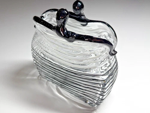 Vintage Hand-Blown Glass Purse/Vase Black & White Stripe Murano Style Art Glass