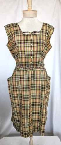 Vintage 50s Country Fair 2 Piece Green Plaid Sleeveless Cotton Day Dress Large