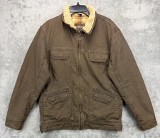 Kirra Mens Canvas Jacket Sz L Brown Flannel Lined Sherpa Collar Full Zip Pockets