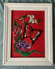 VINTAGE CREWEL EMBROIDERY BUTTERFLY AND FLOWERS FRAMED 17 X 13 INCHES