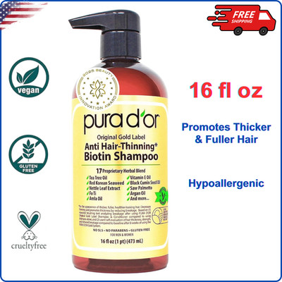 PURA D'OR Original Gold Label Anti-Hair Thinning Biotin Shampoo Natural 16 Fl Oz