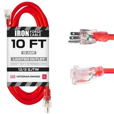 10 ft Lighted Outdoor Extension Cord - 12/3 SJTW Red 10 ft Extension Cord Hea...