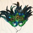 Halloween Feather Peacock Face Mask Blue & Green Masquerade Carnival Costume