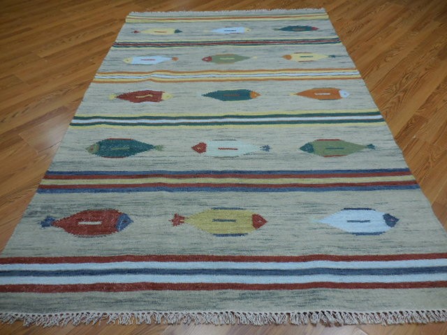 Turkish Oushak(Tree Of life) Fish Design Multicolored Handmade Bohemian Rug 5x8